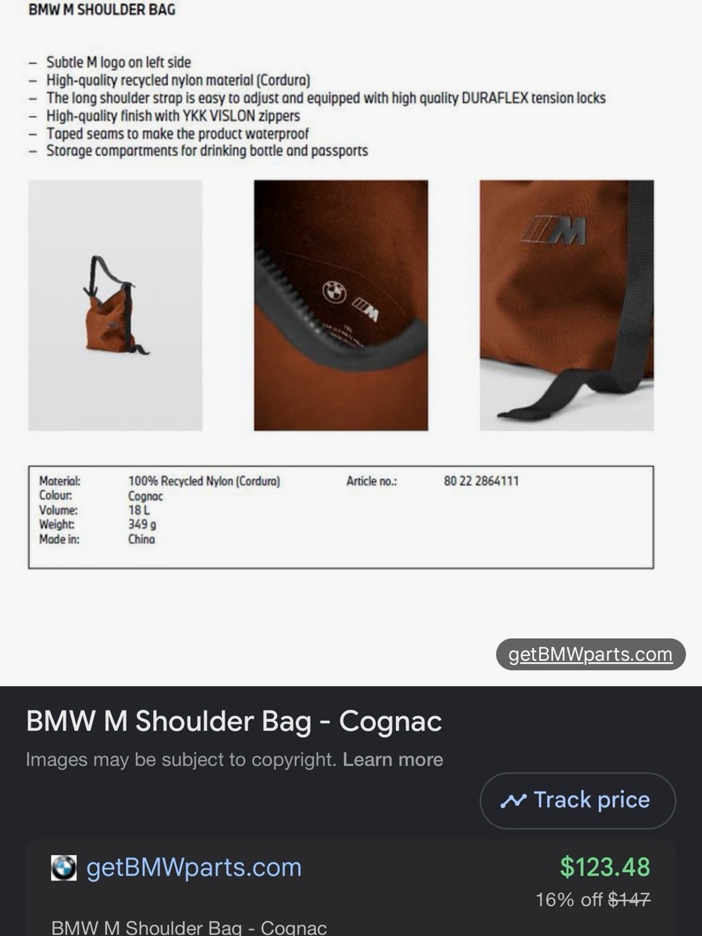BMW Cognac Shoulder Bag with Black Strap